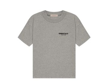 Gray Essentials t-shirt with text on chest.
