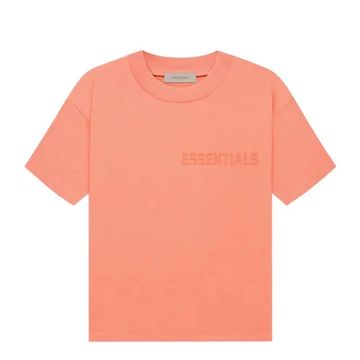 Coral-colored Essentials t-shirt with embossed logo.