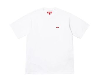 White Supreme T-shirt with a small red logo.