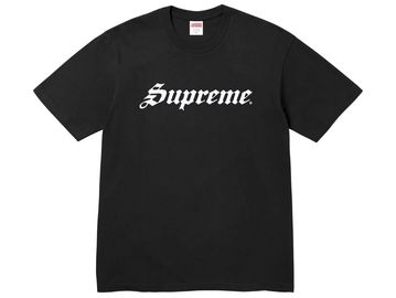 Black Supreme t-shirt with white gothic logo.