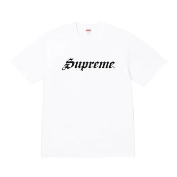 White Supreme t-shirt with black gothic logo.