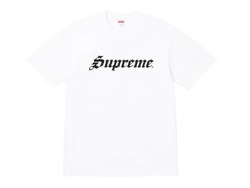 White Supreme t-shirt with black old English text.