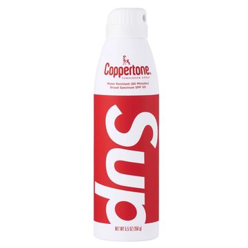 Supreme x Coppertone sunscreen spray bottle.