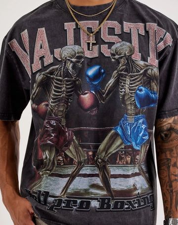 T-shirt design with boxing skeletons and bold text.