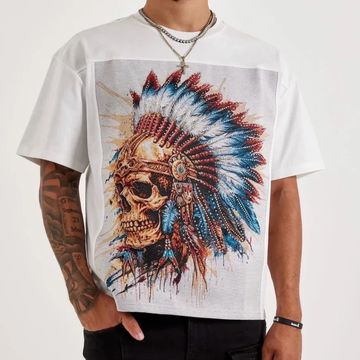 White t-shirt with skull and Native American headdress design.