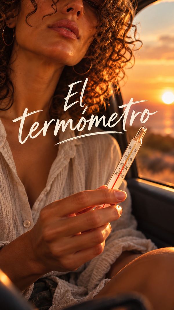 Mujer sosteniendo un termómetro al atardecer.