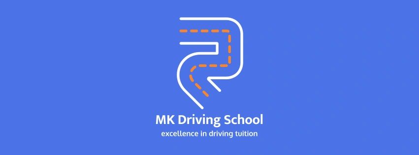 This is the MK Driving School Logo blue background with an R shape with a road design 