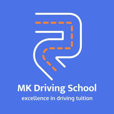 Logo of MK Driving School with a stylized road and slogan.
