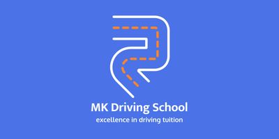 Logo of MK Driving School with a stylized road and text.