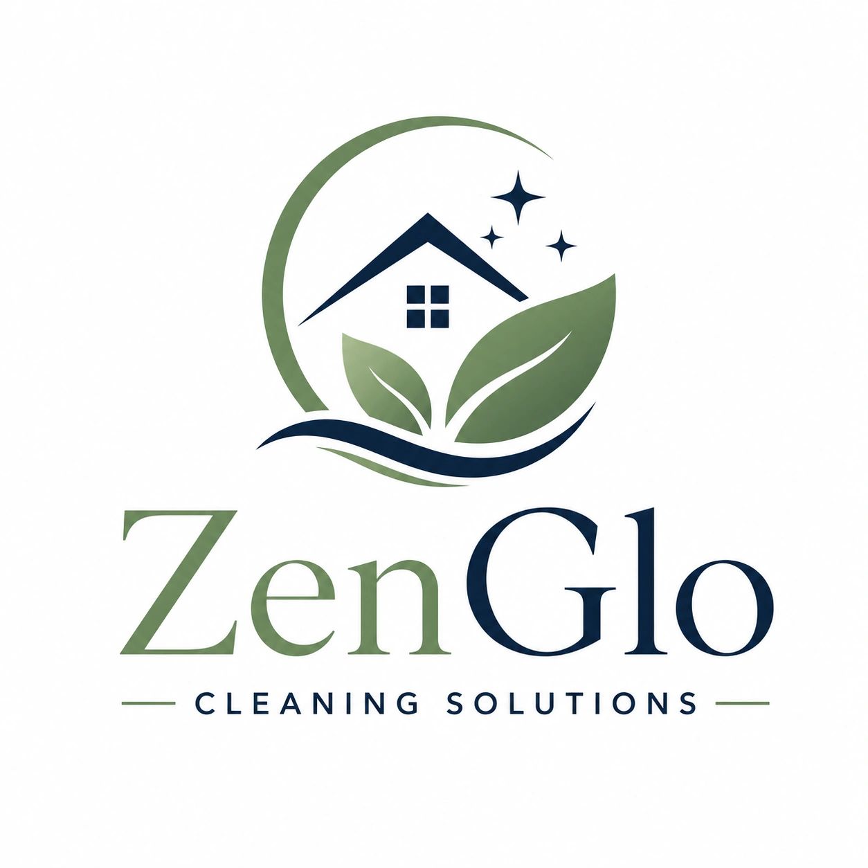 Logo for ZenGlo Cleaning Solutions with house and green leaves.