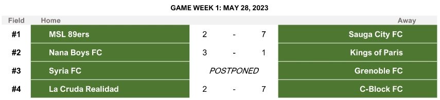 Soccer match results from May 28, 2023, with one game postponed.