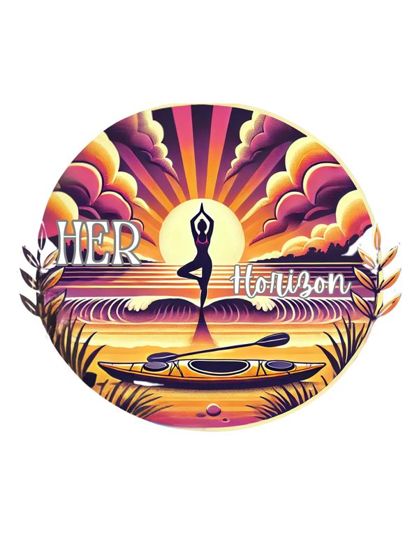 Sunset yoga silhouette with kayak and text 'Her Horizon' in vibrant colors.