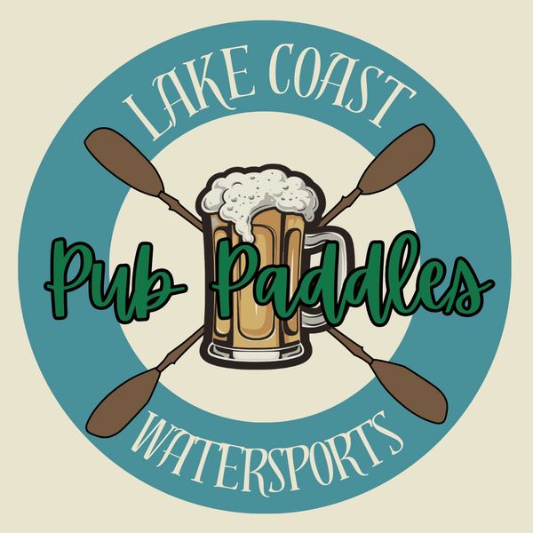 Logo featuring a beer mug and paddles for Lake Coast Pub Paddles Watersports.
