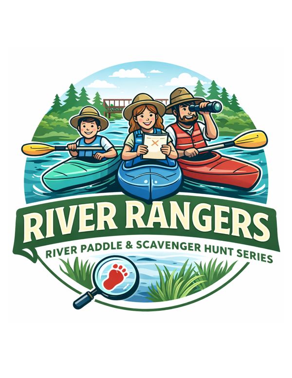 Three people kayaking on a river, part of River Rangers scavenger hunt.