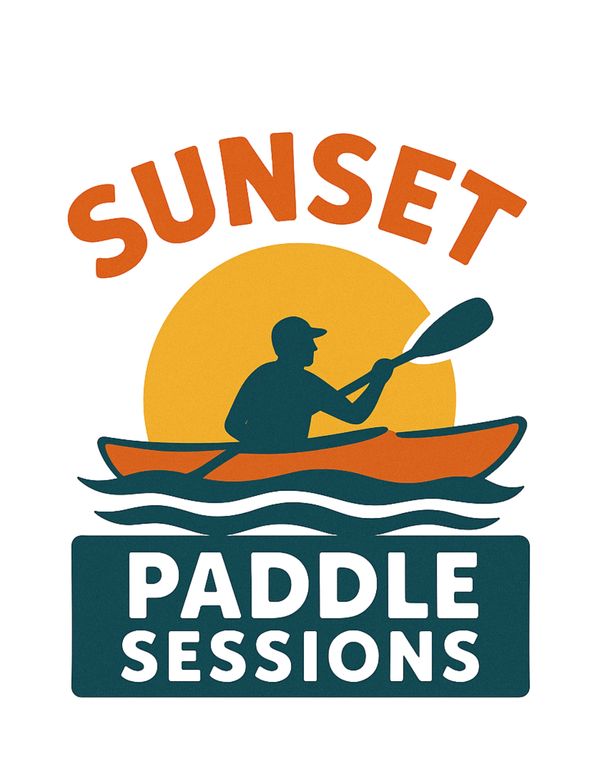 Logo featuring a person kayaking at sunset with the text 'Sunset Paddle Sessions'.