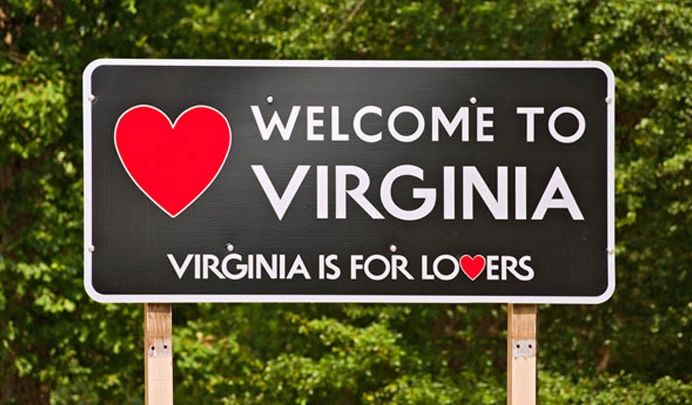 Welcome to Virginia sign with heart symbols and slogan for lovers.