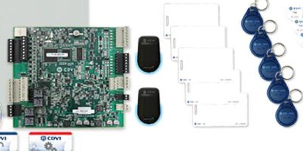 Electronic access control system components including circuit board, key fobs, and cards.