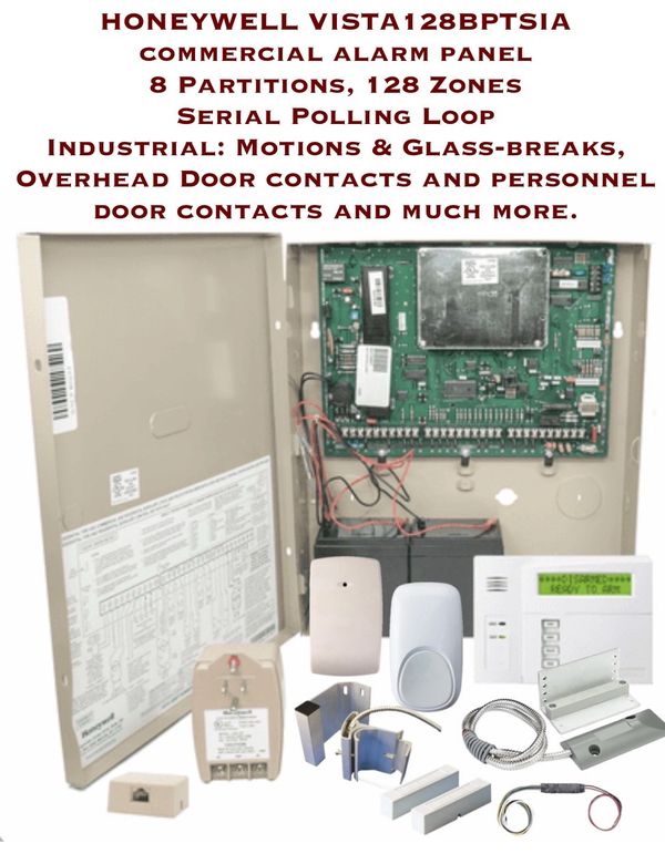 Honeywell Vista128BPTSIA commercial alarm panel with multiple components for comprehensive security.
