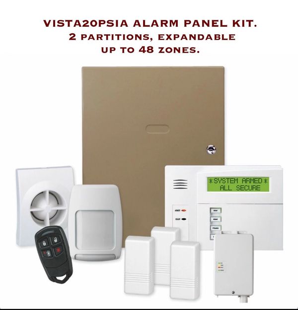 Vista20PSIA alarm panel kit with 2 partitions and expandable to 48 zones.
