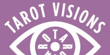 Logo with an eye and the words 'TAROT VISIONS' on a purple background.