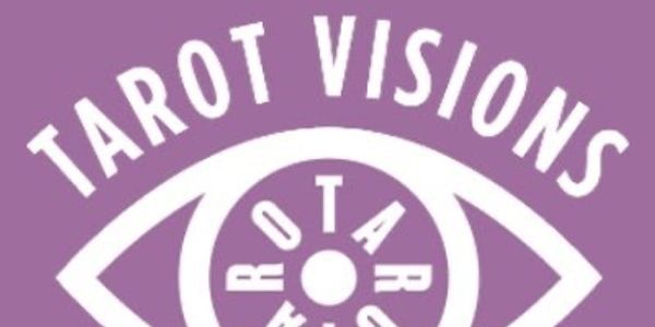 Logo with an eye and the words 'TAROT VISIONS' on a purple background.