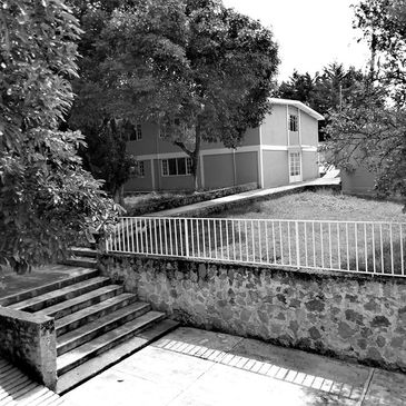 Outdoor scene with stairs, railing, and a two-story building surrounded by trees.