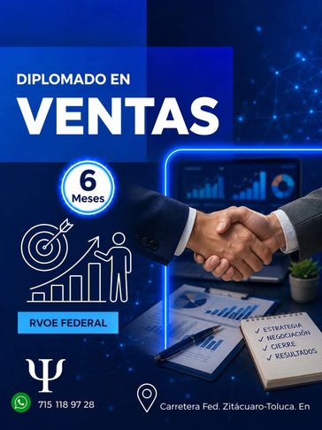Diplomado en ventas con duración de seis meses y enfoque en estrategia y negociación.