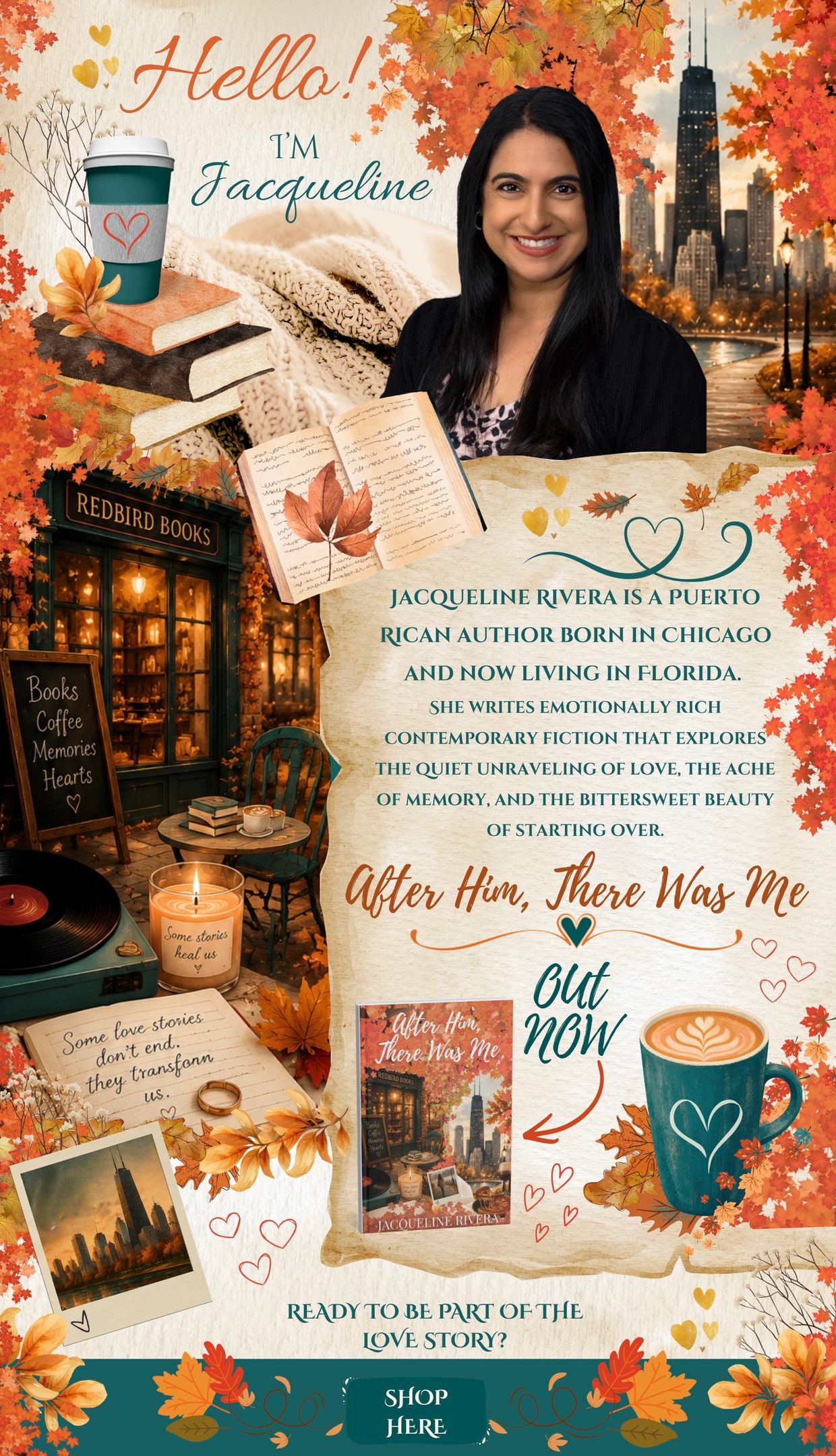 Author Jacqueline Rivera promotes her book "After Him, There Was Me" in an autumn-themed design.