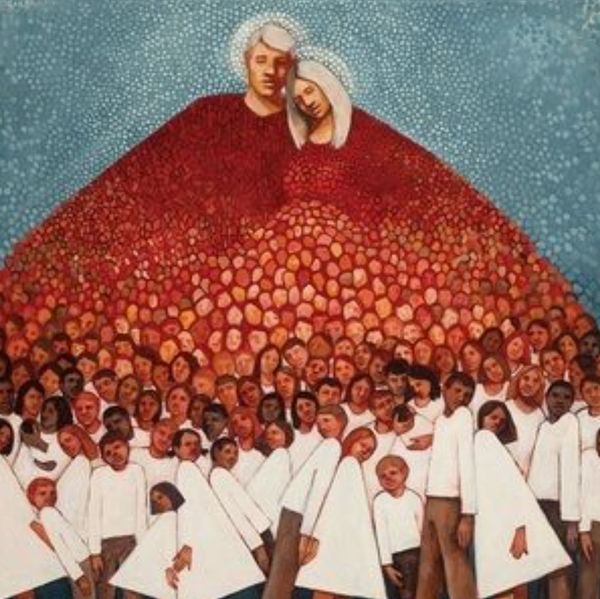 Two figures in red cloak embracing, surrounded by many people in white.