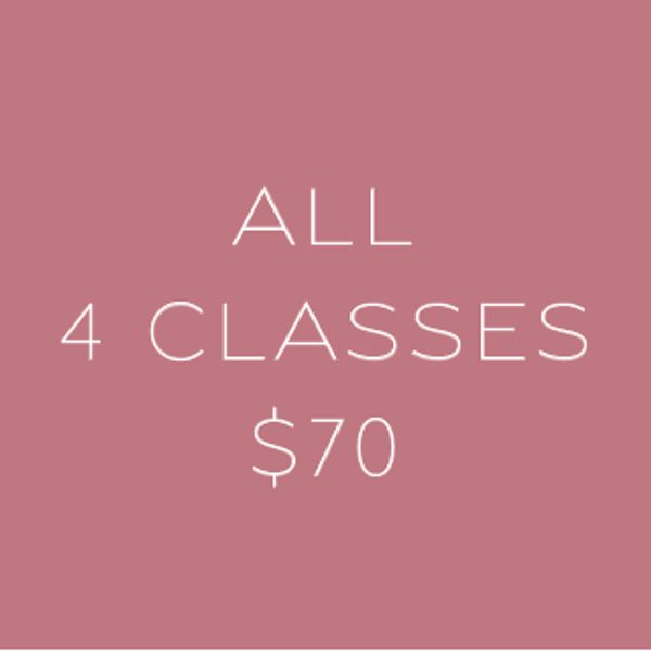 Text offering 4 classes for $70 on a pink background.