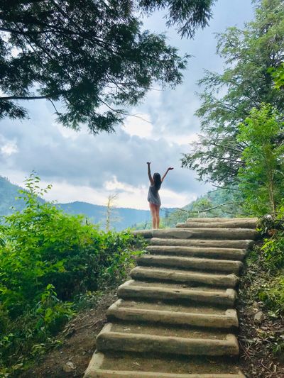 A person standing with raised arms at the top of stone steps in a lush forest.