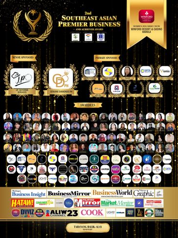 Poster for the 2nd Southeast Asian Premier Business and Achiever Award with sponsors and awardees.