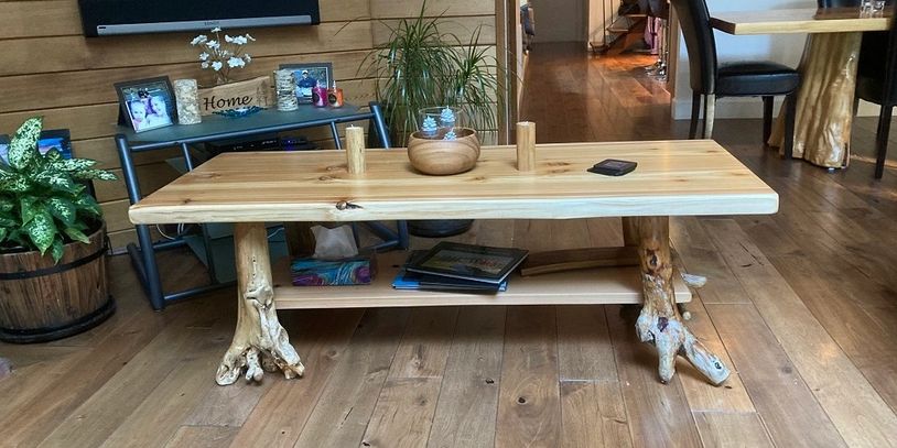 Cedar live edge furniture coffee table with driftwood character legs made in BC