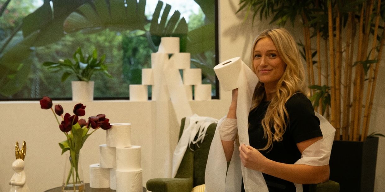 Woman smiling while holding a roll of toilet paper indoors with plants and stacked toilet paper.