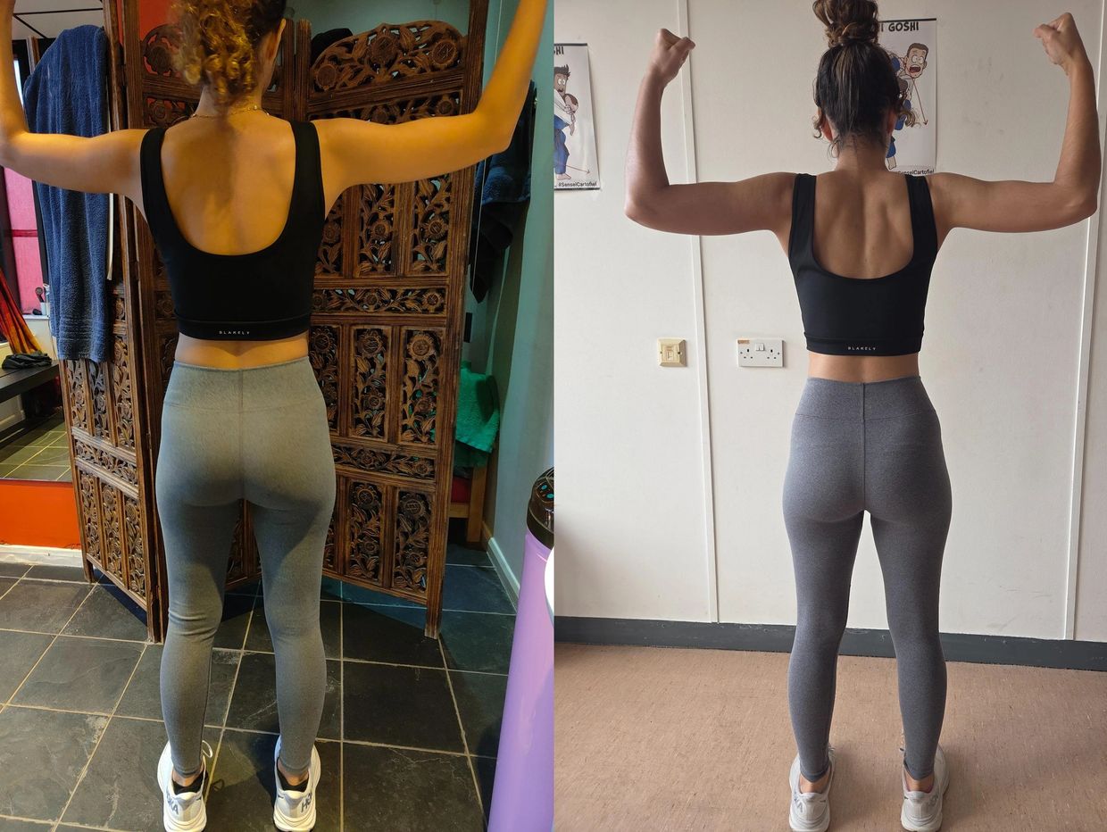 Before and after of Aara : toned glutes, defined back and improved shape from twice-weekly training.