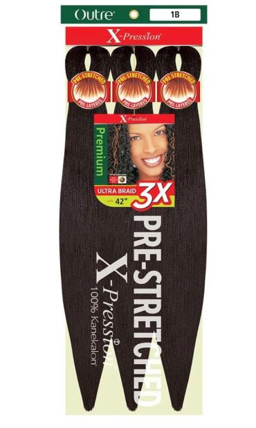 Package of Outre X-Pression pre-stretched braiding hair in color 1B, 42 inches long.