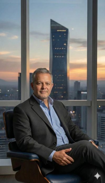 Confident businessman seated in an office with a cityscape sunset view.