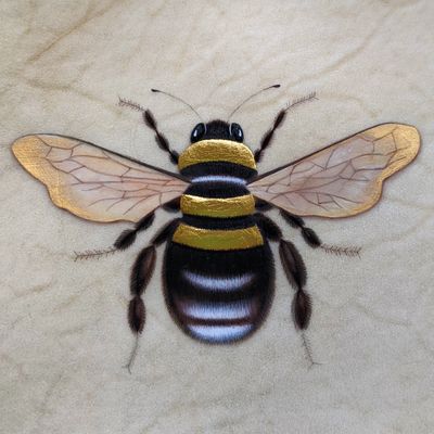 A detailed illustration of a bee with translucent wings and yellow-black stripes.