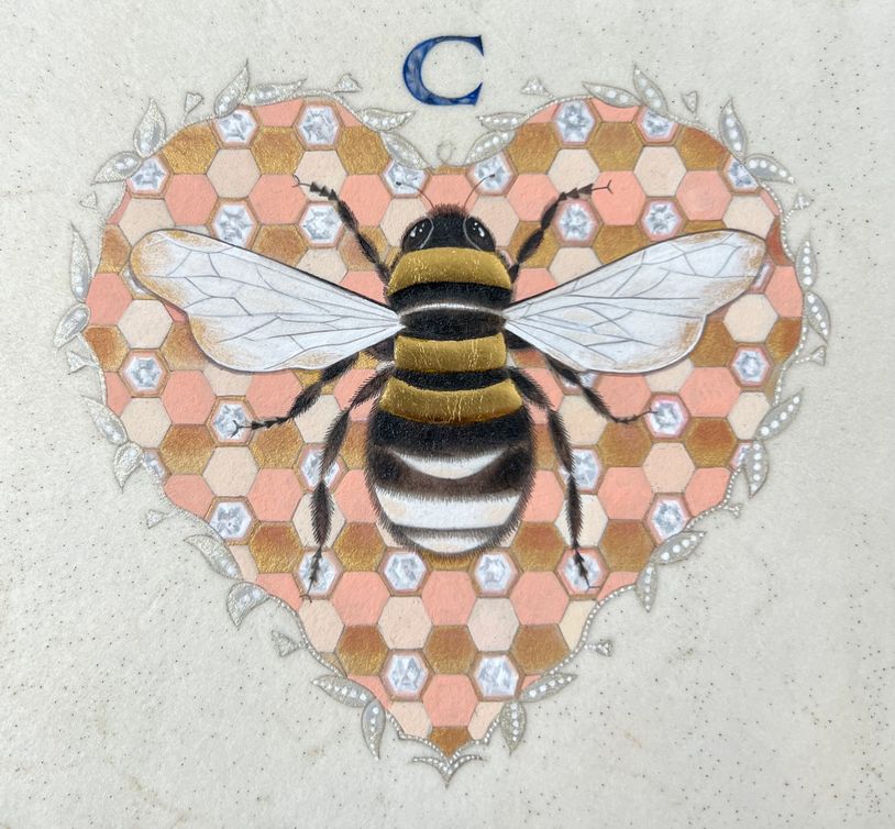Illustration of a bee on a heart-shaped honeycomb with the letter C above.