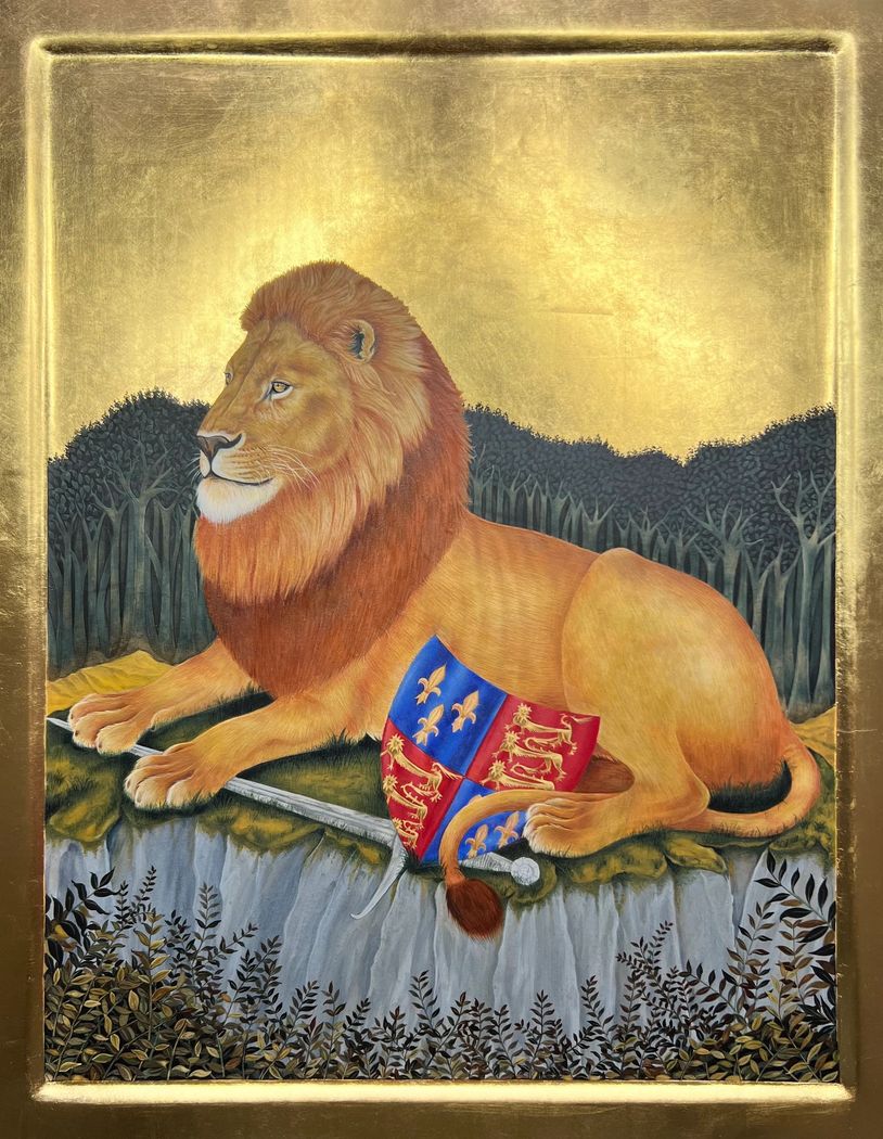 A regal lion rests with a medieval shield and sword on a cliff, framed by golden light.