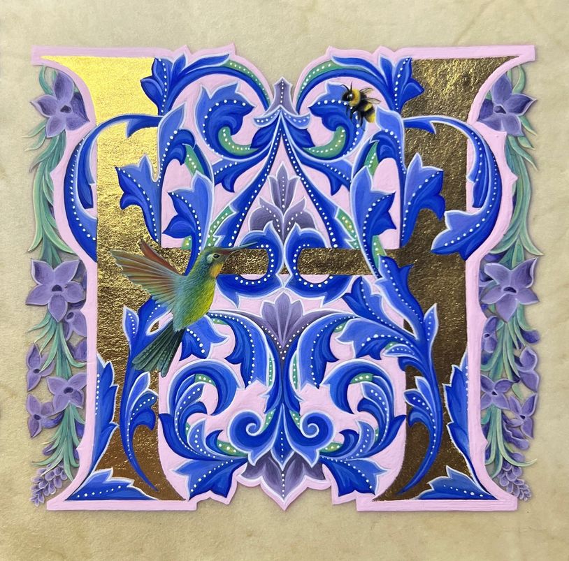 Ornate letter H with blue floral designs, gold accents, hummingbird, and bee.