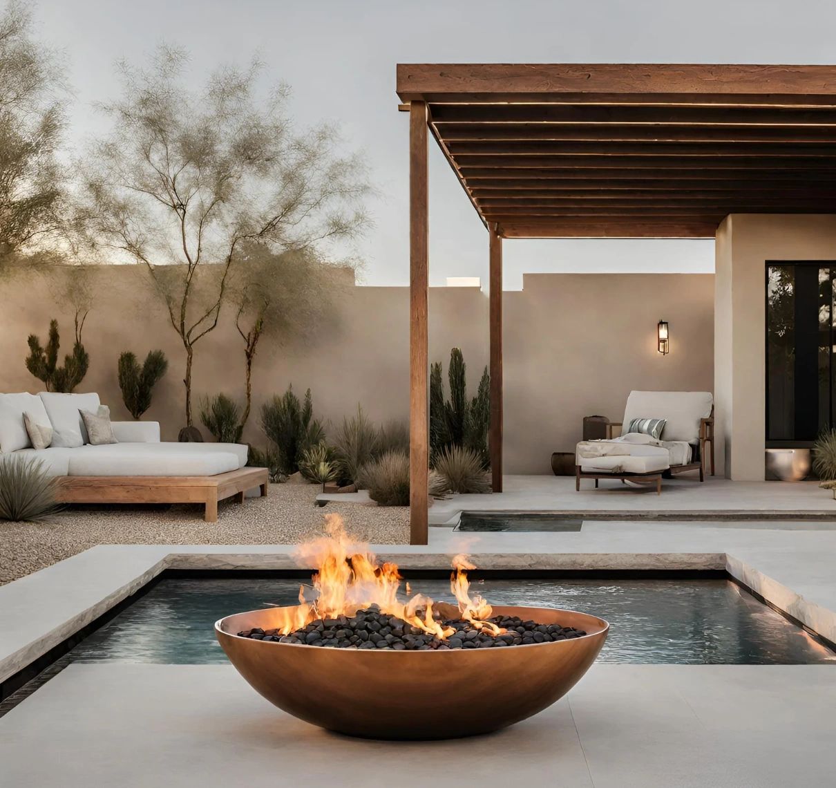 Custom built pool with fire pit