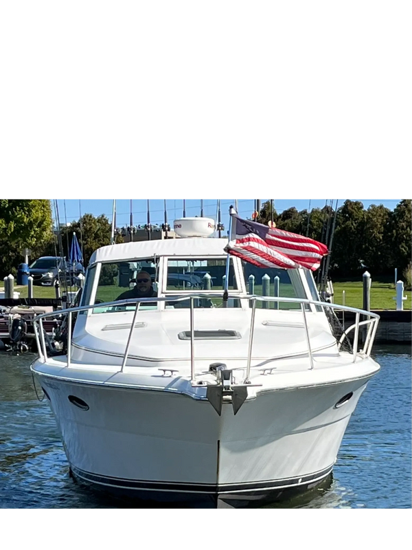 Front view of Sea King boat with American flag and fishing rods.