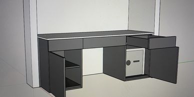 3D digital rendering of a cabinet with drawers and shelves.