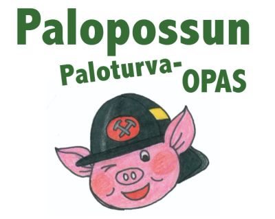 Cartoon pig firefighter with Finnish text about fire safety.