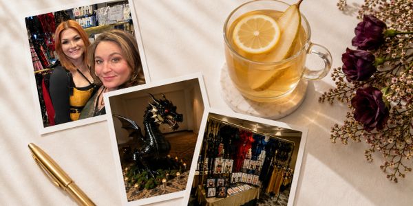 Photos of friends, a dragon figure, and a market stall beside lemon tea and flowers.