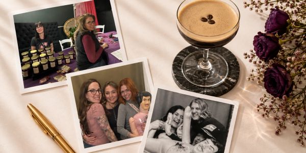 Three photos with people, a coffee drink, flowers, and a pen.