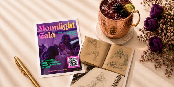 Moonlight Gala flyer, sketches, and a cocktail on a table.