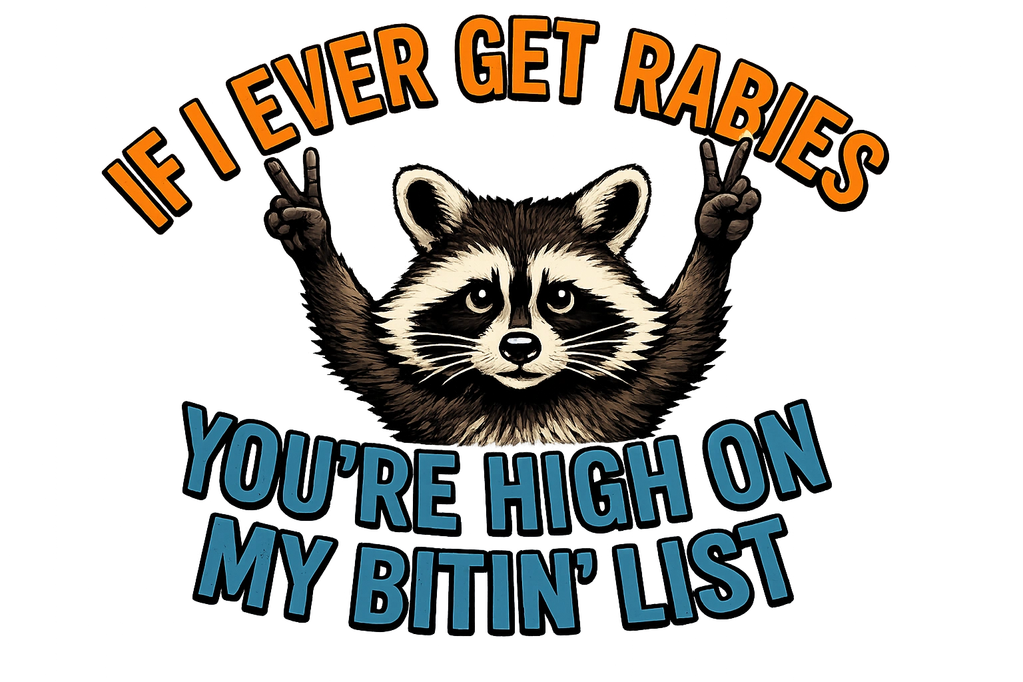 Cartoon raccoon with peace signs and humorous rabies warning text.