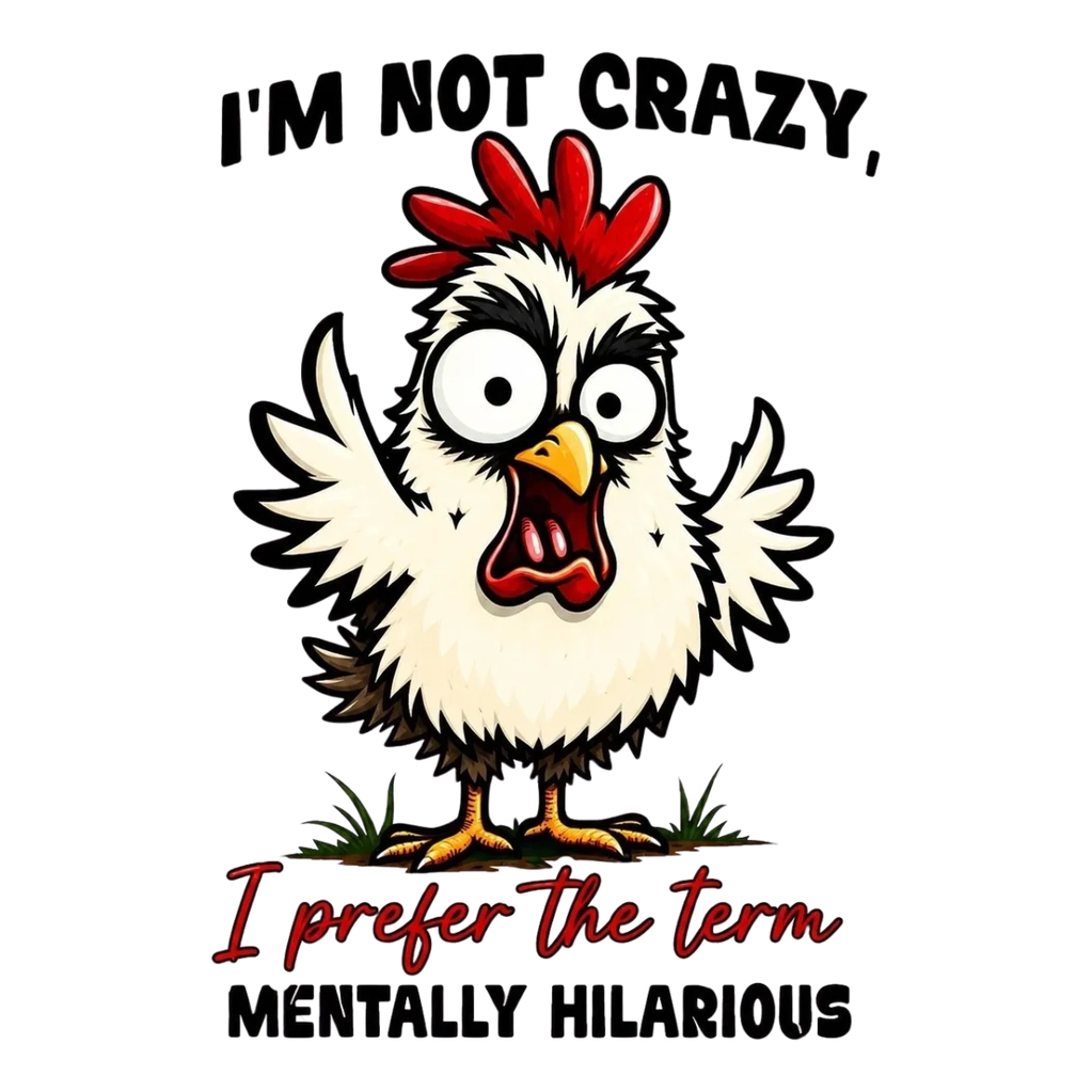 A cartoon chicken with crazy eyes and the phrase about being mentally hilarious.
